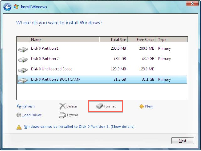 Boot Camp partition in Windows Installer with box indicating to select format