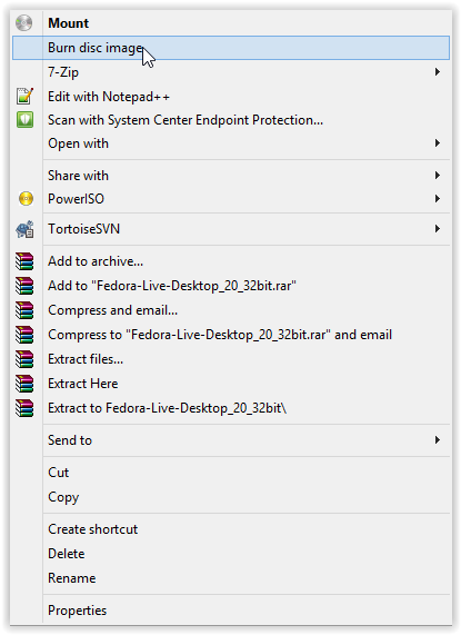 the burn disc image command in the right click menu.