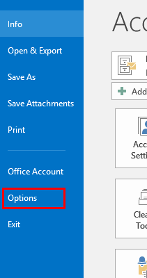 the options tab in office 2016 menu