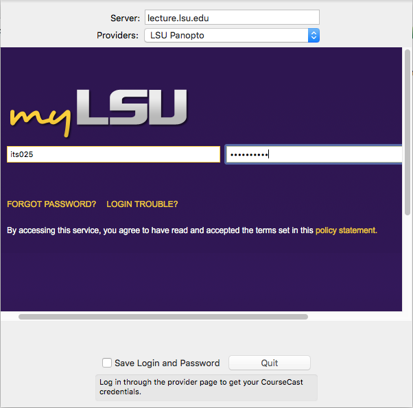 LSU login within Panopto Software