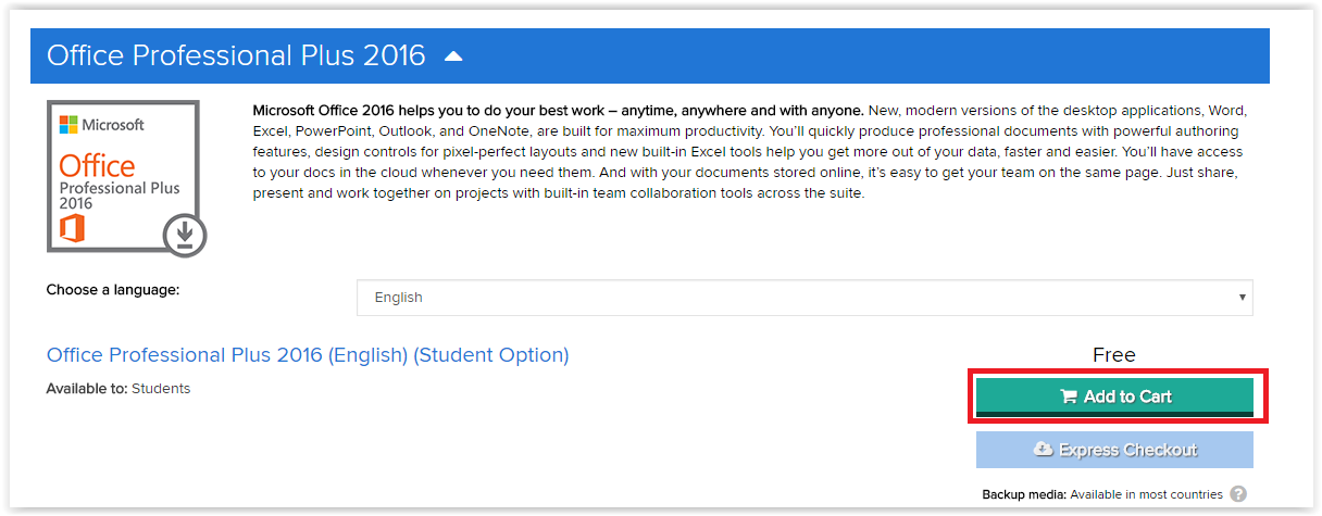  on the hub, office professional plus 2016 with the add to cart button highlighted at bottom