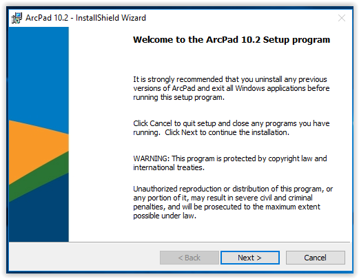 ArcPad introductory setup screen