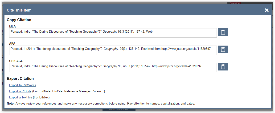 article citation information listed in MLA, APA, and Chicago format