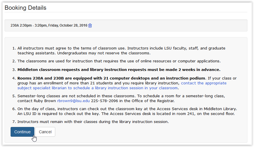 middleton classroom booking details