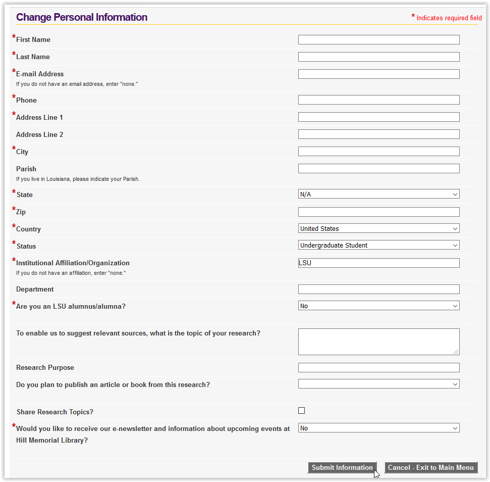 LSU Libraries Special Collections change personal information