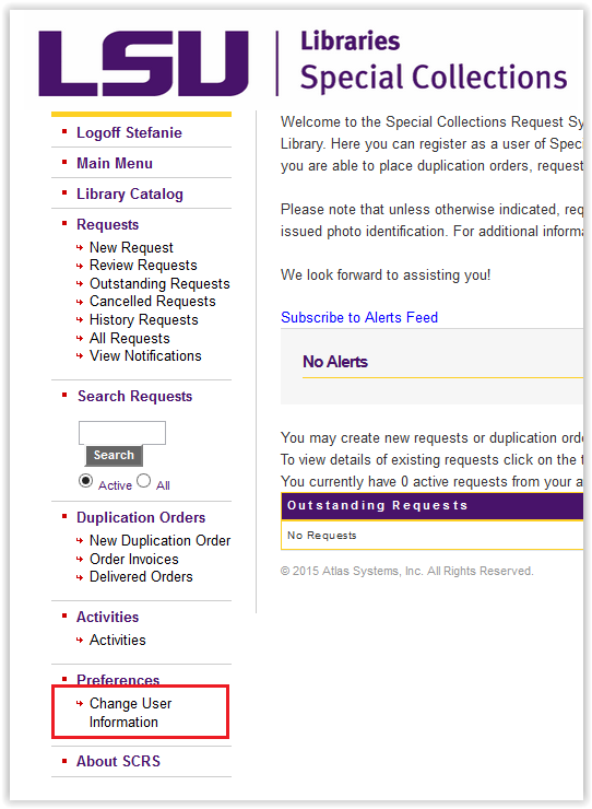 LSU Libraries Special Collections change user information