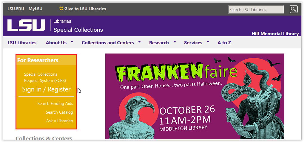 LSU Special Collections homepage