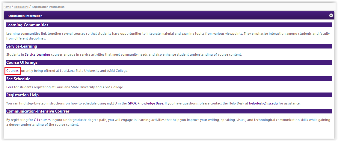 the Courses selection window under course offerings in mylsu