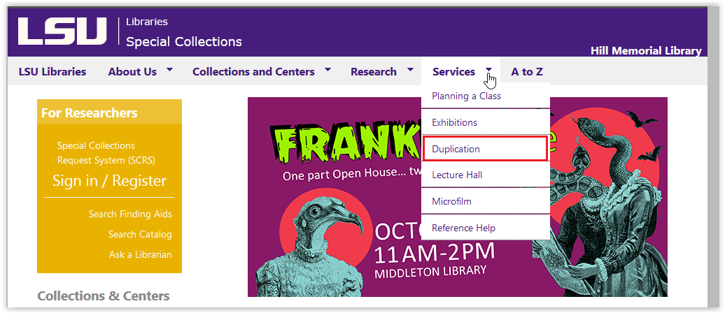 LSU Libraries Special Collections services/duplication button
