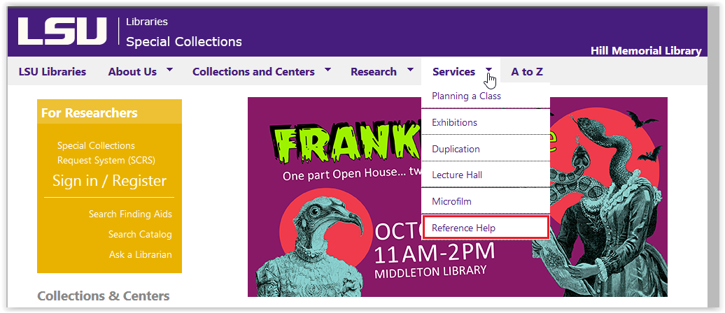 LSU Libraries Special Collections services/reference help button