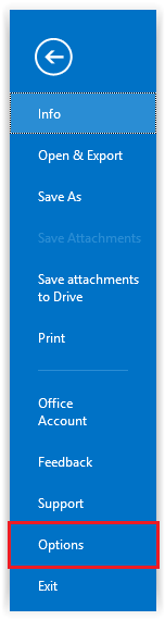 Options tab on the sidebar in Outlook 2016