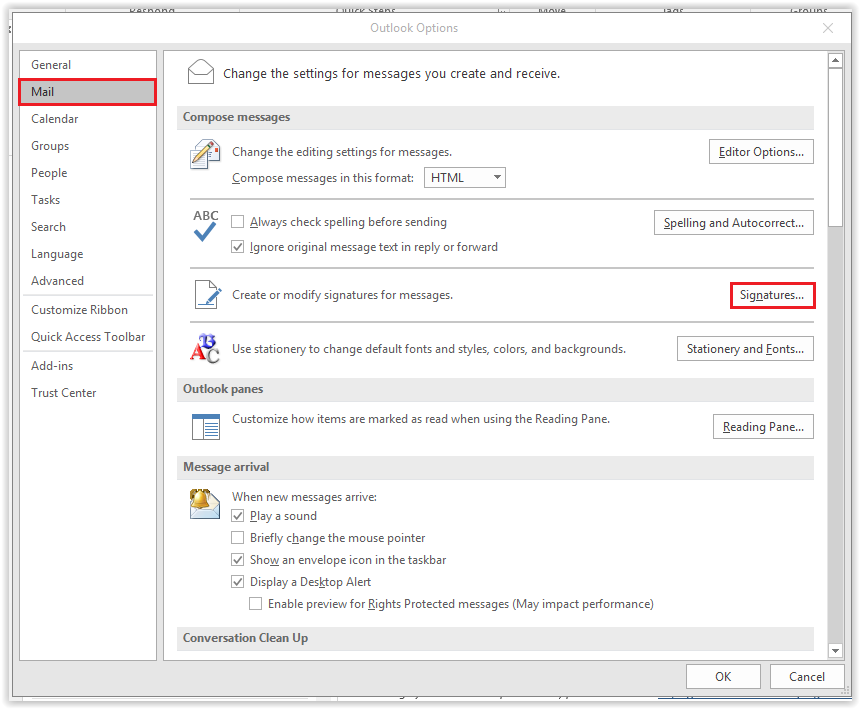 Signature option in the Mail tab in the Outlook options window