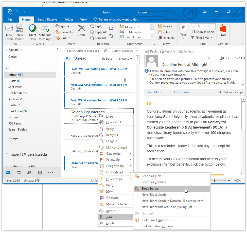 blocking sender in outlook 2016