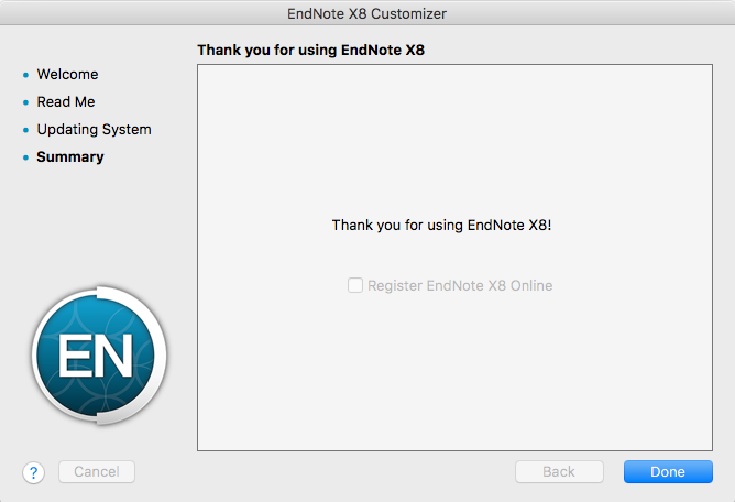 Endnote X8 installation complete window