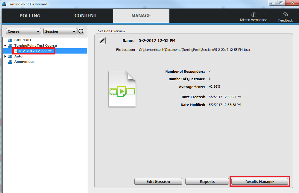 the turning point session overview dashboard with results manager button at bottom right