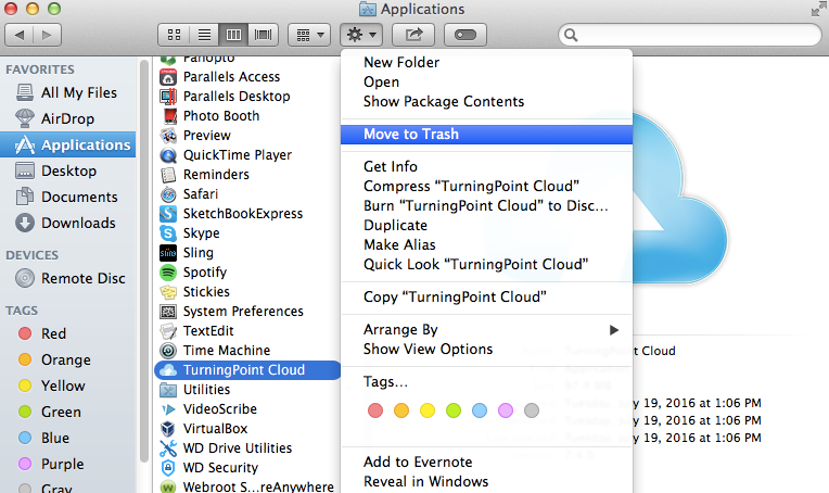 turning point cloud selected in middle section with Move to trash selected in menu