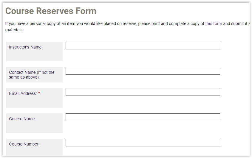 Course Reserves Form page.