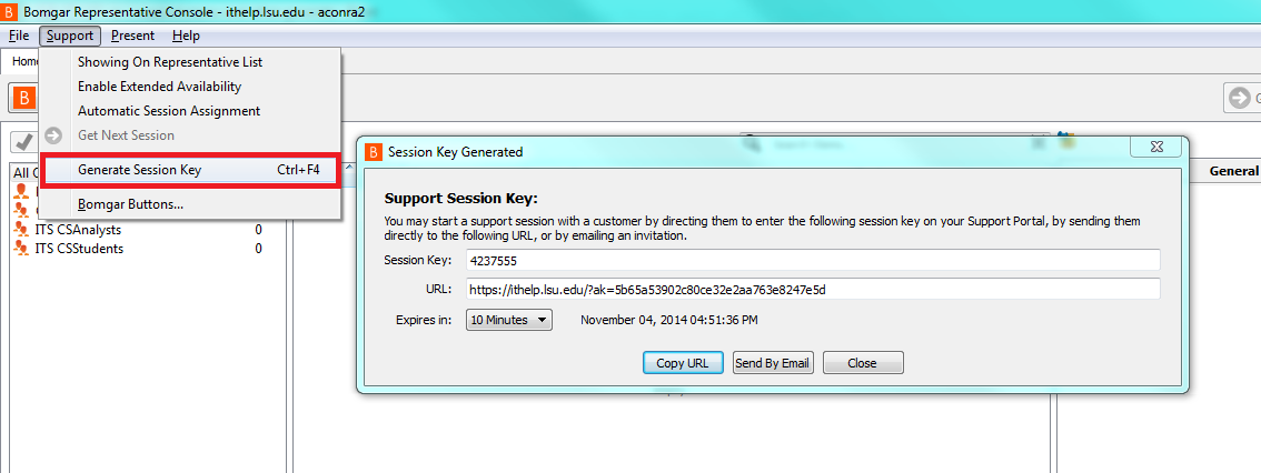 Generate Session Key option under Support menu