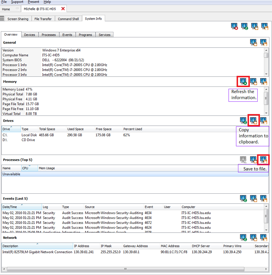 System Info tab showing customer's system information