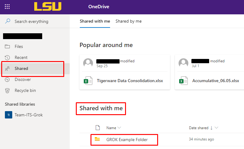 Shared tab and "shared with me" section with example shared file on OneDrive