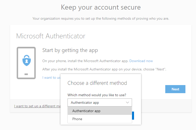 the MFA setup portal allows a phone or authenticator app verification