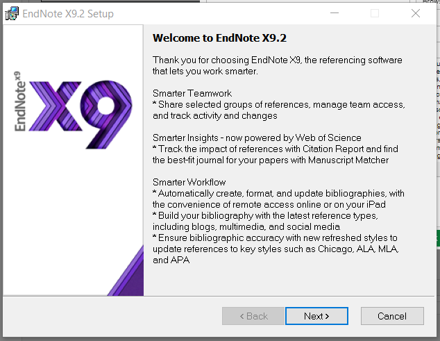 Endnote installation screen