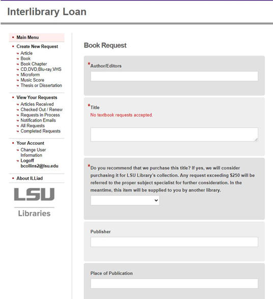 interlibrary loan book request page