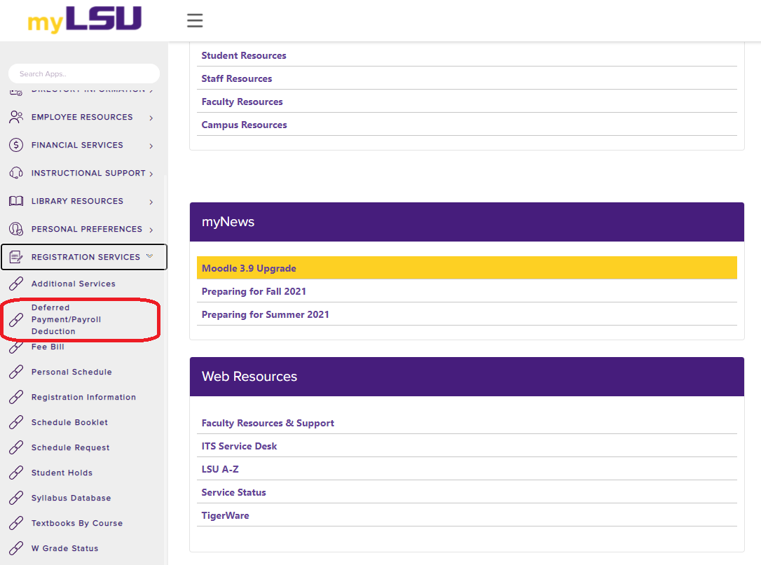 The Defer Payment and Payroll deduct button on the Registration Services Drop-down menu