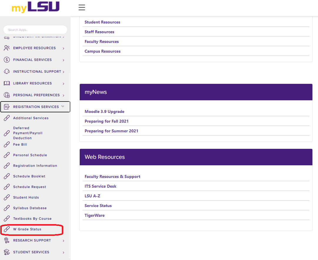 myLSU W Grade Status link