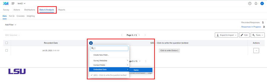 Data and Analysis tab highlighted with Embedded data and name submenu selected