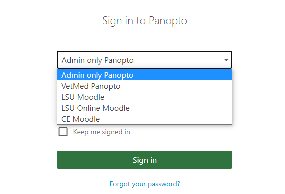 Panopto sign in drop down menu