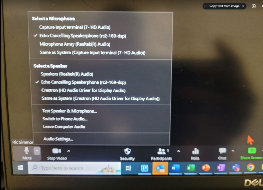 Echo Cancelling Speakerphone selection for Zoom microphone and speaker