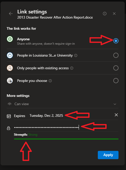 link settings with password field highlighted